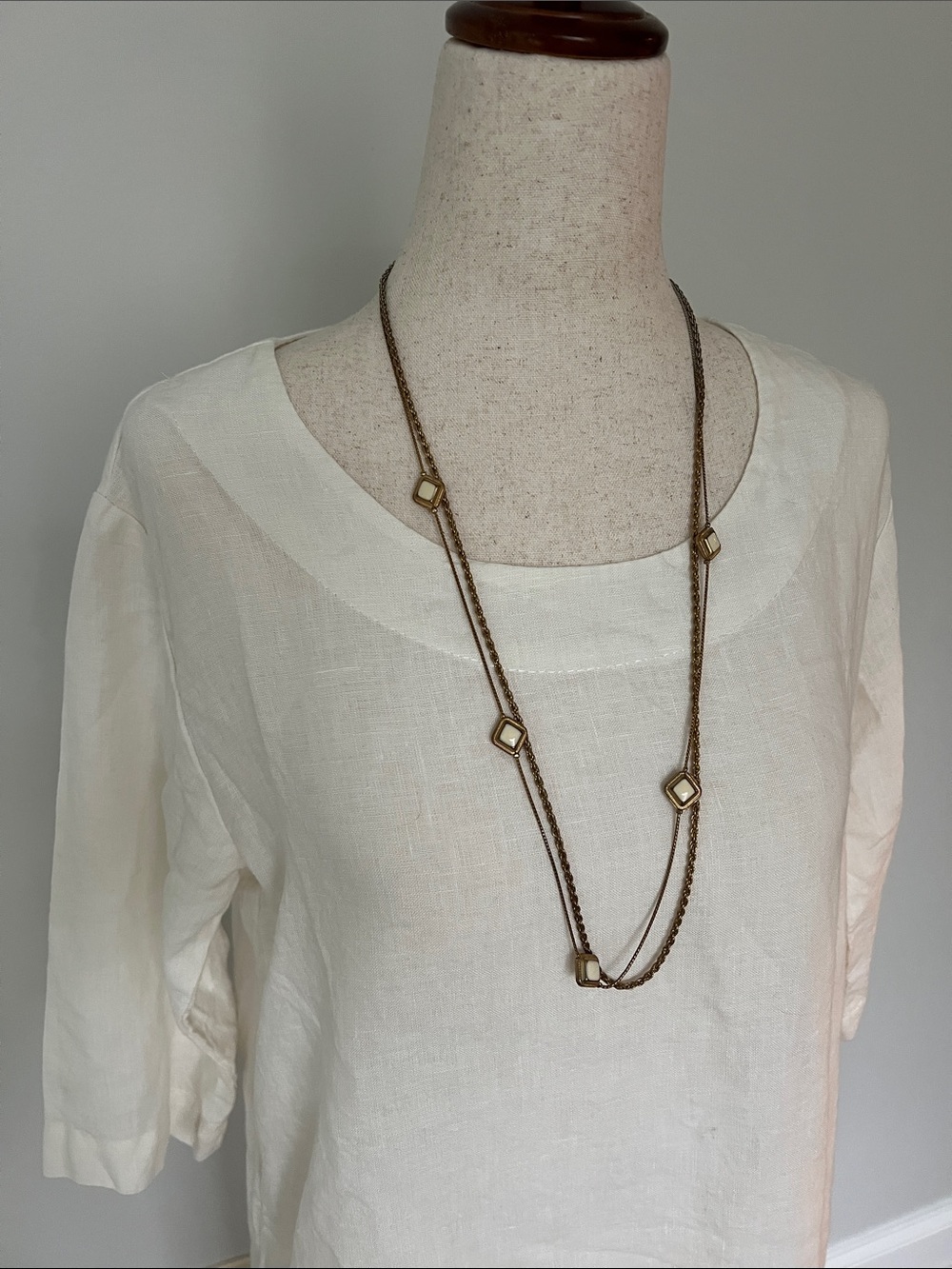 Vintage Gold Tone Long Layered 14.5” Necklace Cream Accents - Women’s Jewelry